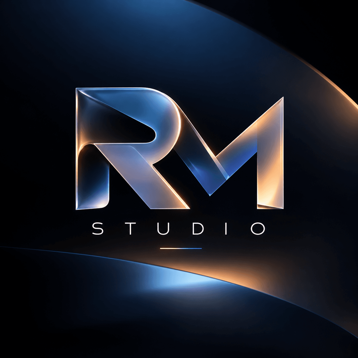 RM Studio: a futuristic 3D RM logo reveal on a dark cinematic background with blue and gold light.