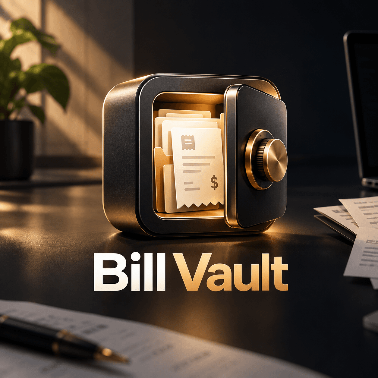 BillVault: a gold-accented safe holding receipts, sitting on a dark desk beside a pen and scattered papers.