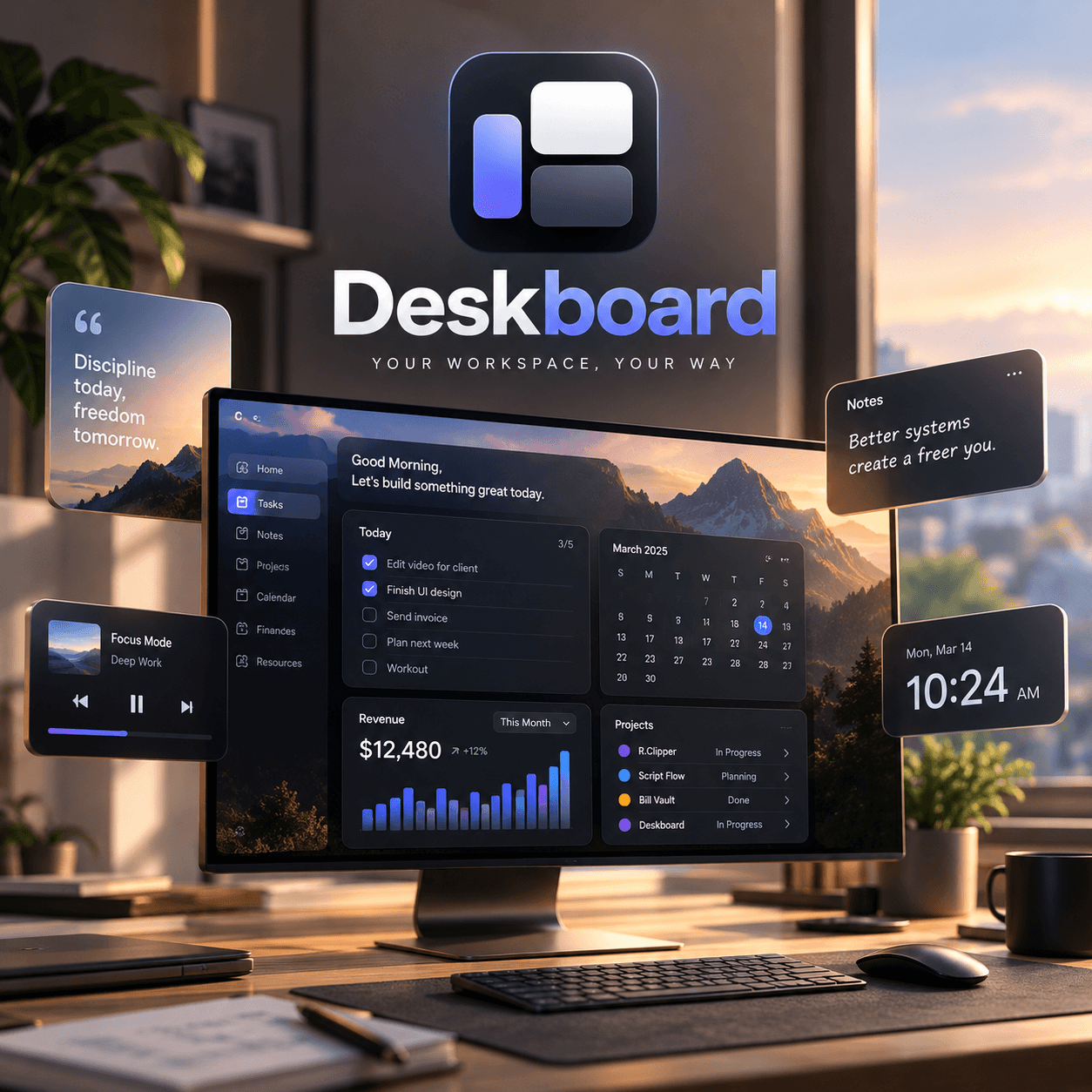 DeskBoard: a productivity workspace interface on a modern desk setup with task lists and categories.