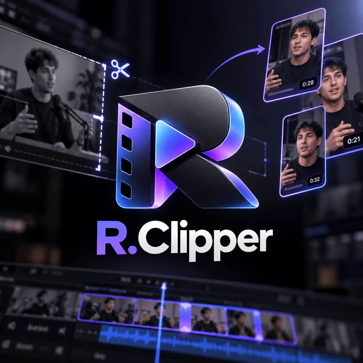 R.Clipper: a 3D R logo with film reel cutouts, surrounded by short-form video clips being extracted from a timeline.