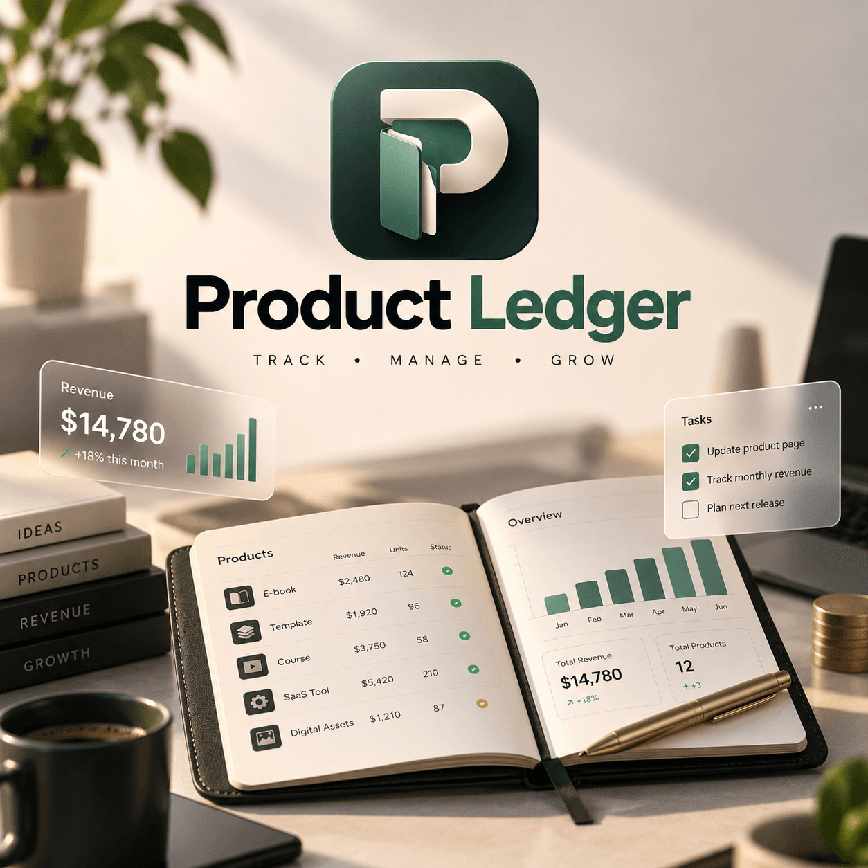 Product Ledger: an open notebook ledger showing product entries and a revenue chart, with the Product Ledger app icon above.