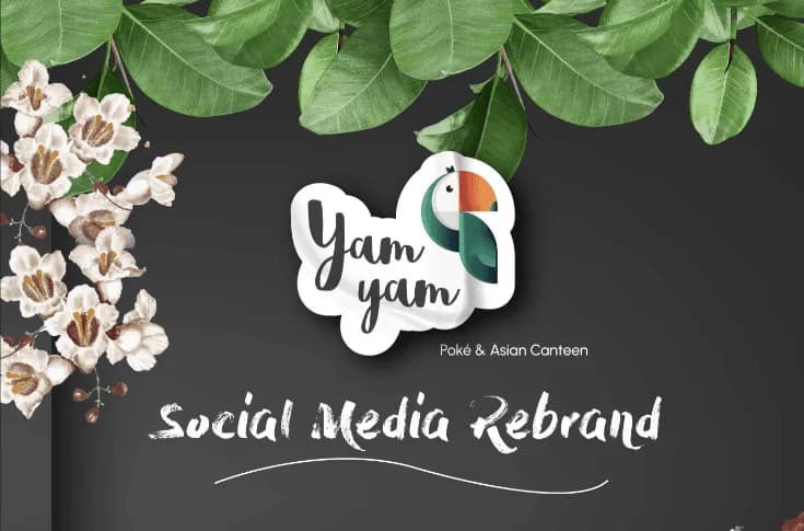 YamYam social media rebrand: the YamYam toucan logo on a dark background framed by white blossoms and green leaves.